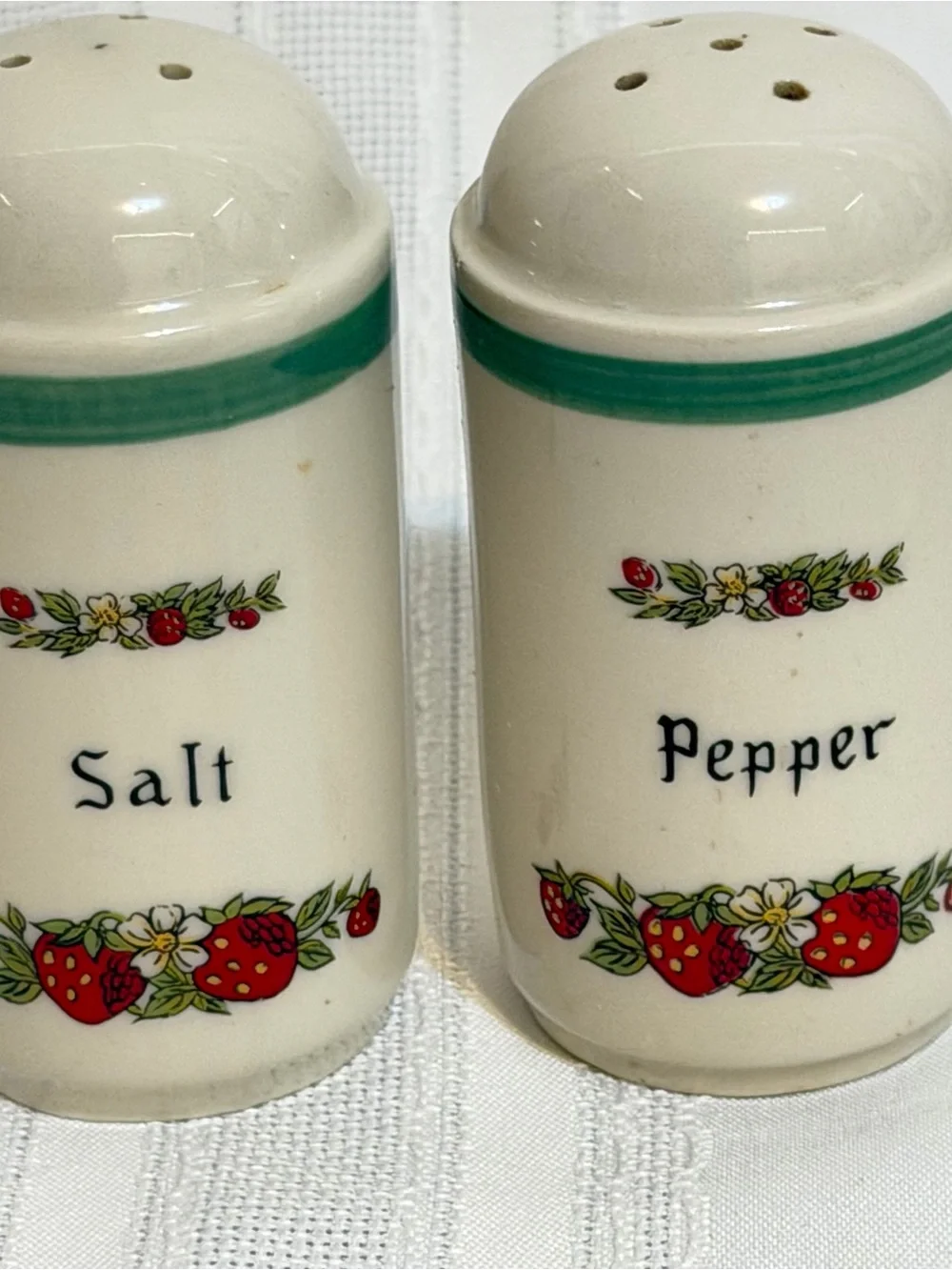 Japan Ceramic Strawberry Salt and Pepper Mid Century MCM Shakers Green Stripe